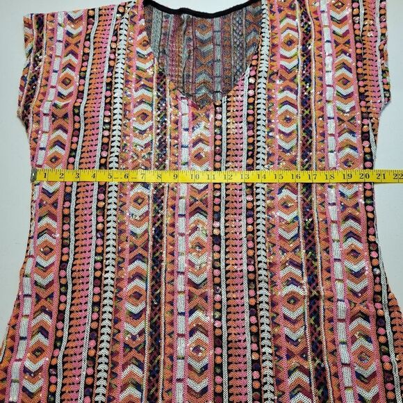 Sequin Mesh Vneck Top Shirt Colorful Pink Orange White Aztec Geometric - Picture 9 of 11